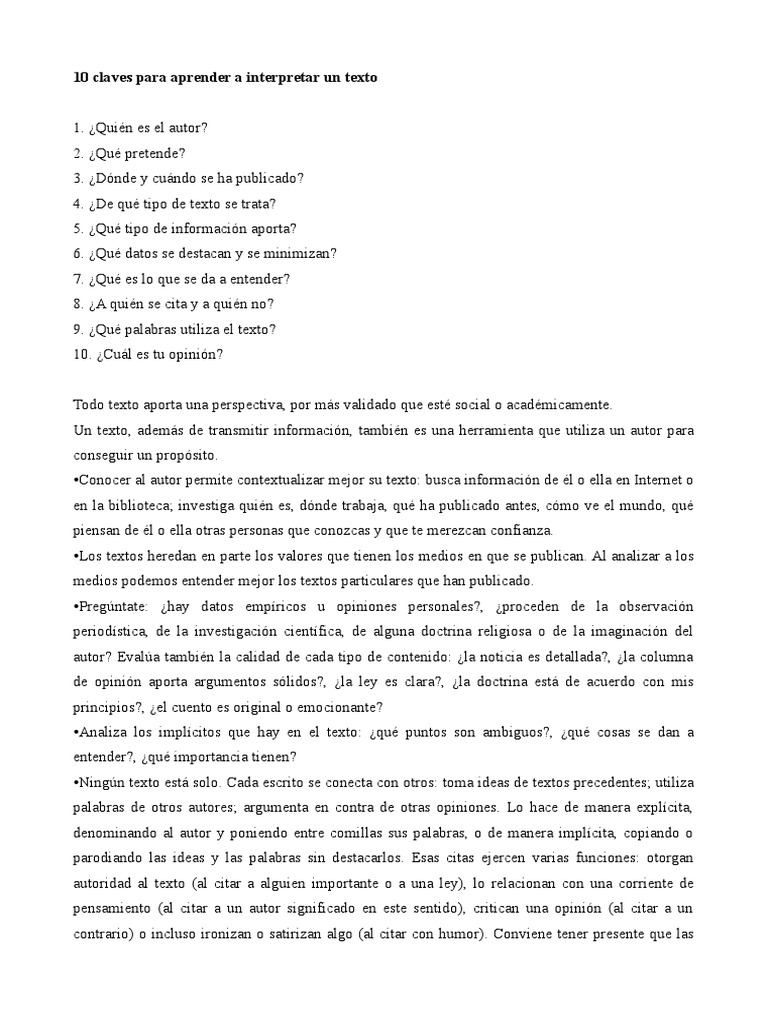 10 Claves para Aprender A Interpretar Un Texto | PDF | Autor | Información