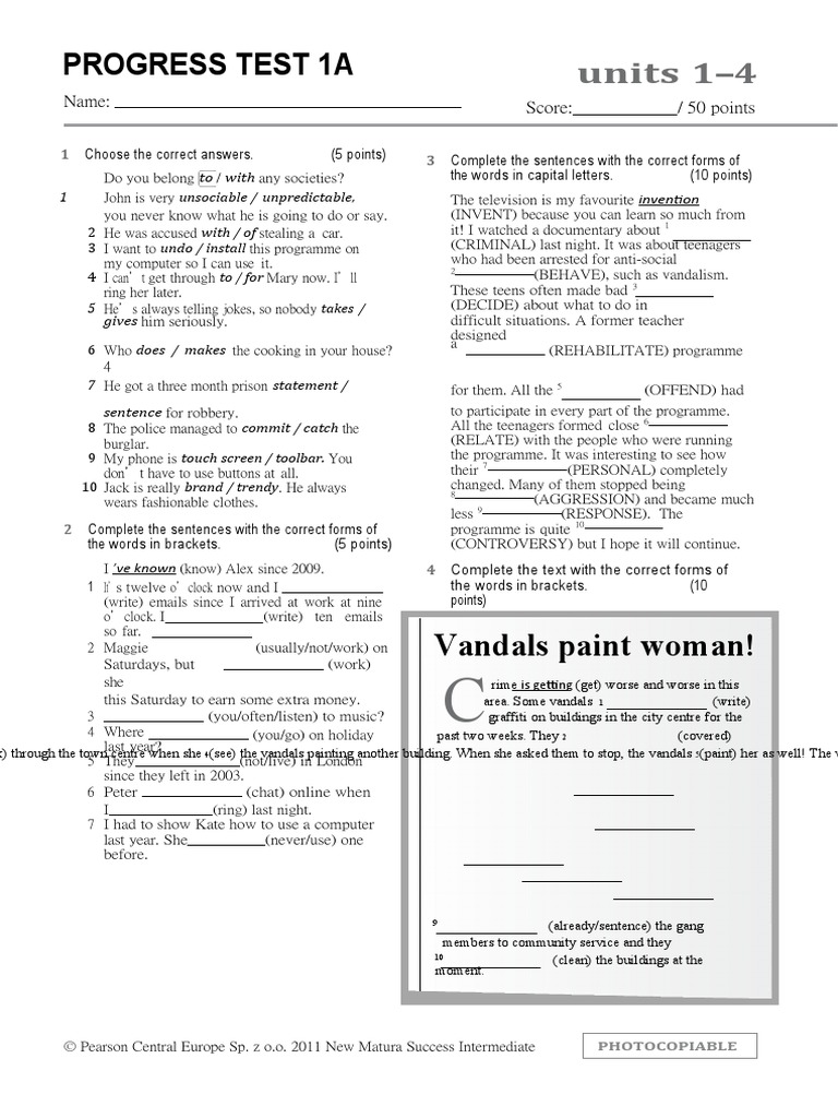 New Success Intermediate Progress Test 1a | PDF | Theft