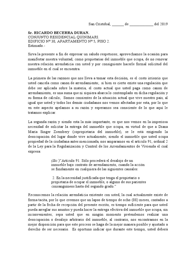 Introducir 97+ imagen modelo de carta de desalojo de vivienda en colombia