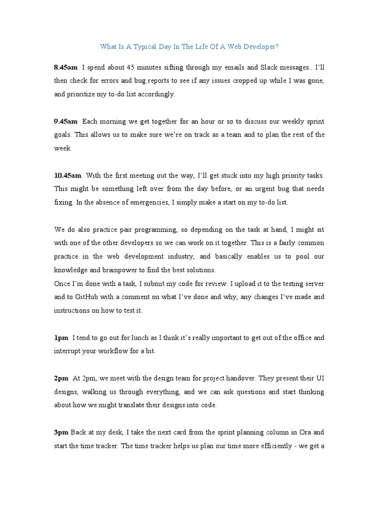What Is A Typical Day In The Life Of A Web Developer Pdf Time