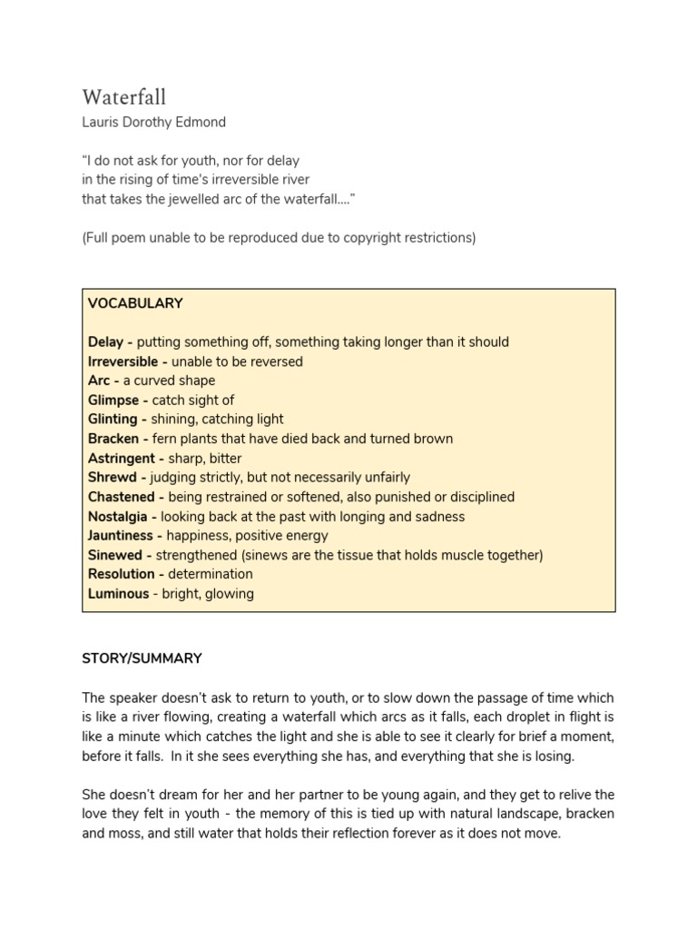 Waterfall - Lauris Dorothy Edmond - Analysis by Scrbbly | PDF | Poetry ...