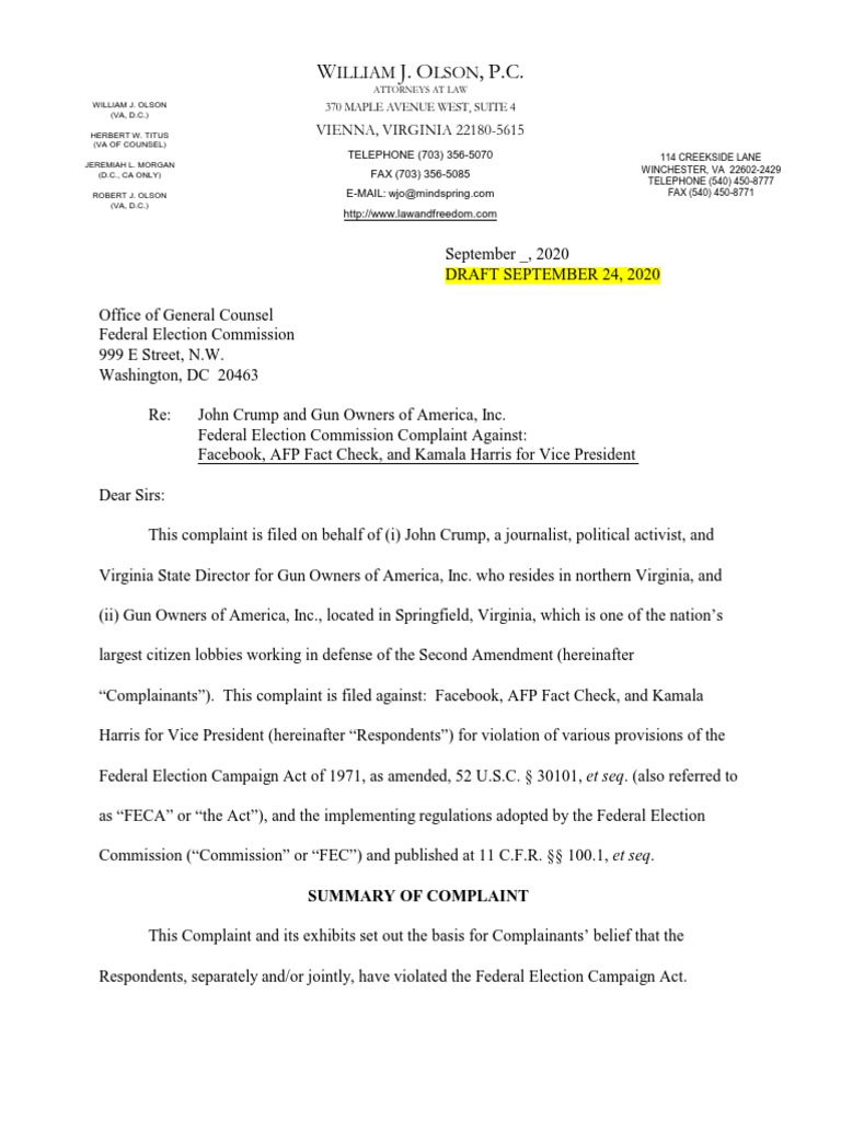 John Crump Goa File Complaint With Federal Election Commission Against Facebook For Election Interference District Of Columbia V Heller Second Amendment To The United States Constitution