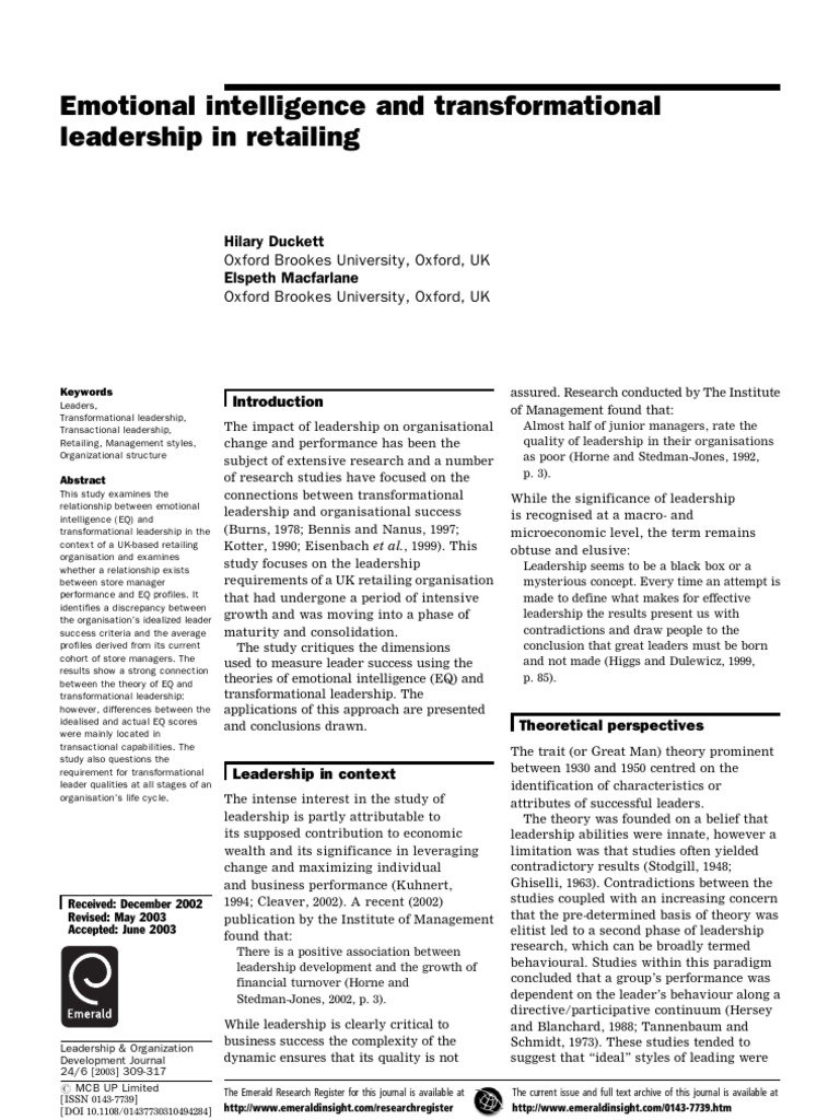 Emotional Intelligence and Transformational Leadership in Retailing ...