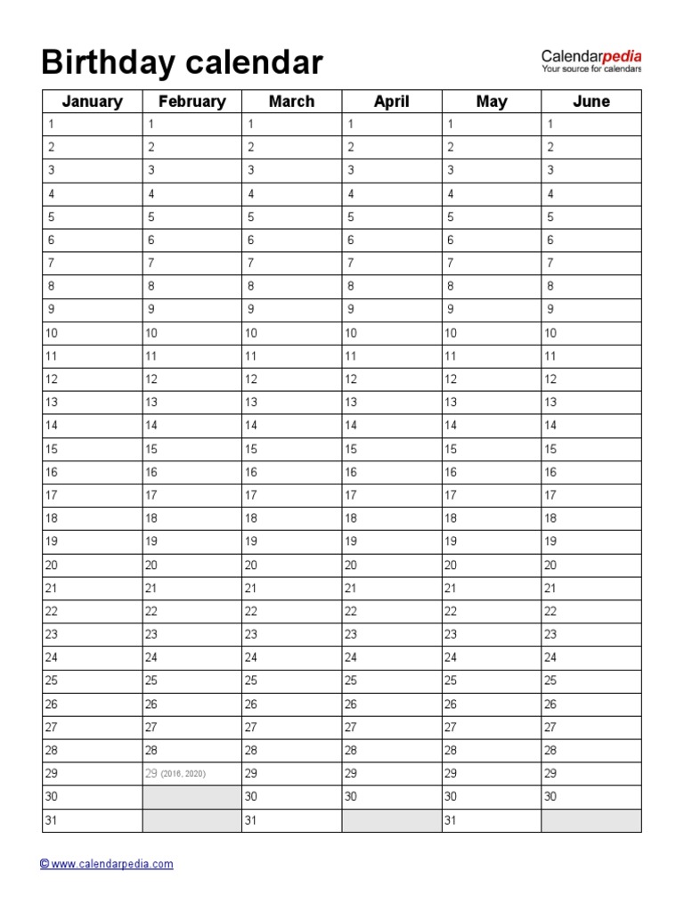 Birthday Calendar Portrait 2 Pages PDF