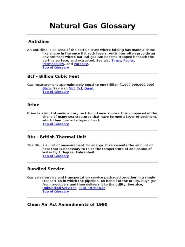 Natural Gas Glossary PDF Federal Energy Regulatory Commission