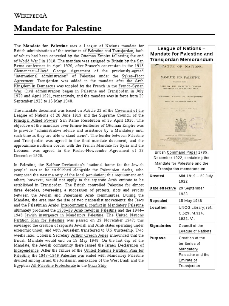 Mandate For Palestine | PDF | Mandatory Palestine | Sykes–Picot Agreement