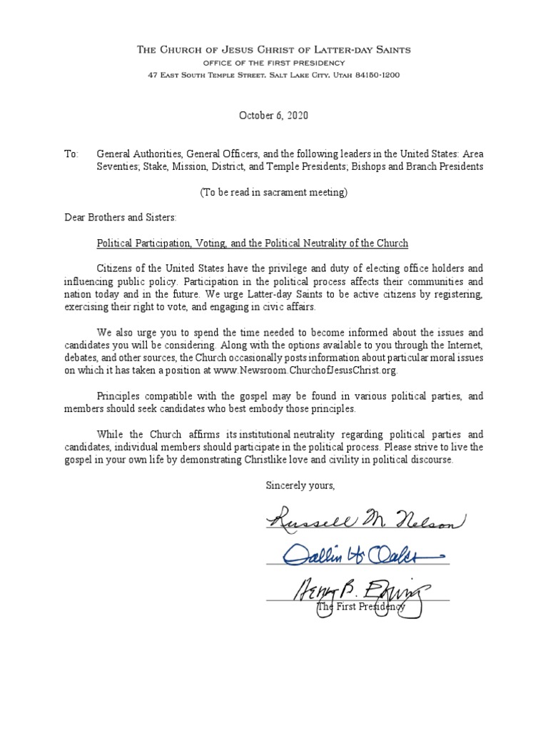 First Presidency Vote Letter 2020