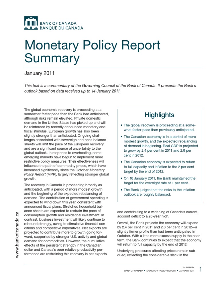 Bank of Canada Monetary Policy Outlook | PDF
