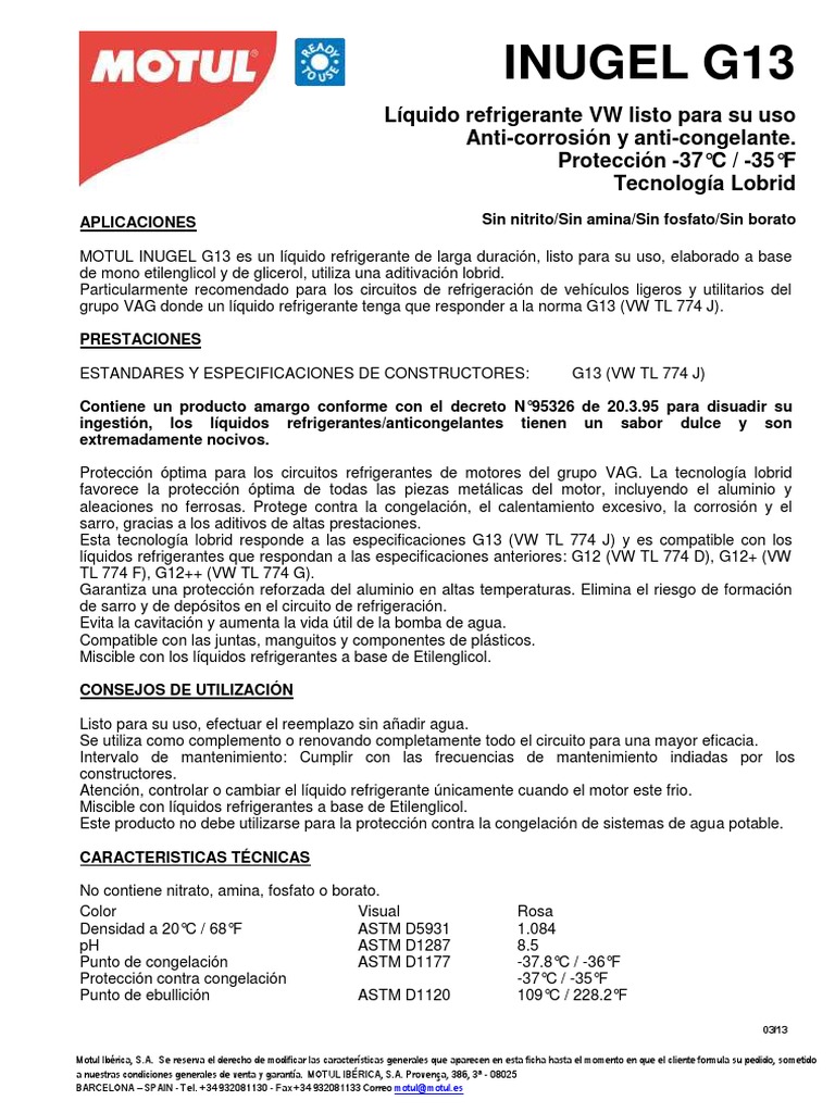 Refrigerante Motul Inugel G13 para VW | PDF | Sustancias químicas | Química