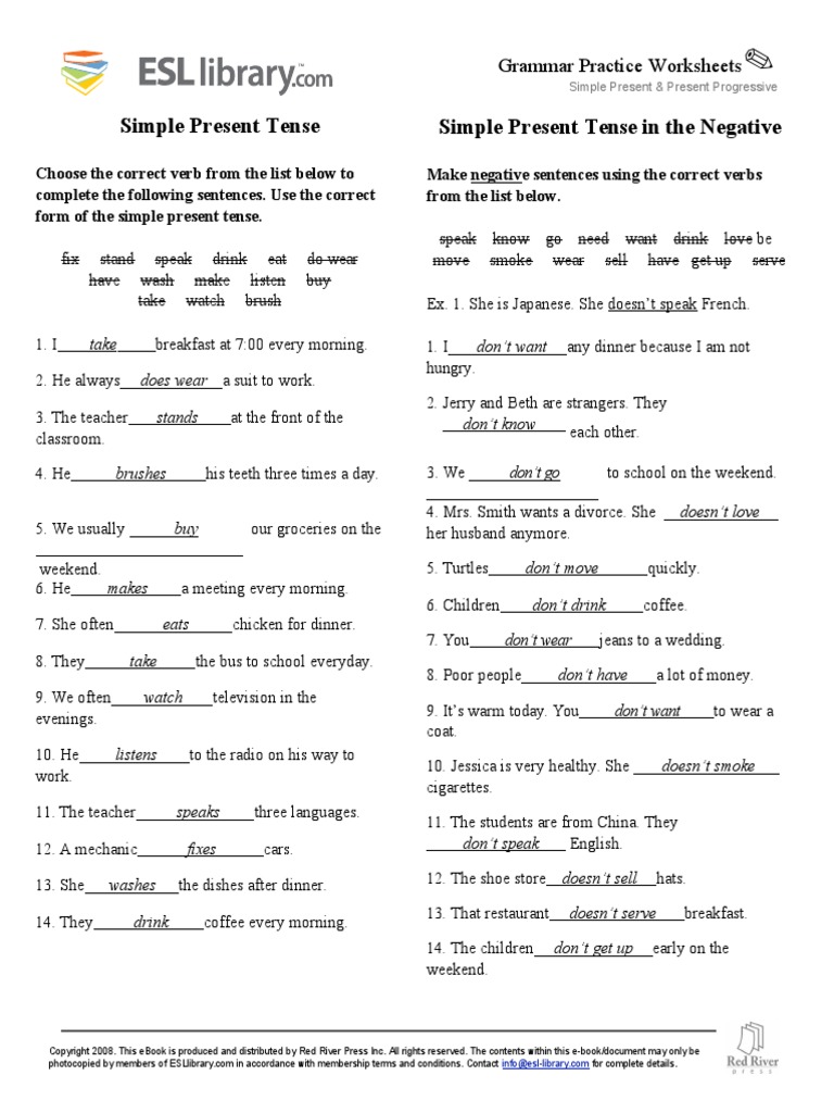 grammar practice worksheets simple present from pdf grammatical tense language mechanics