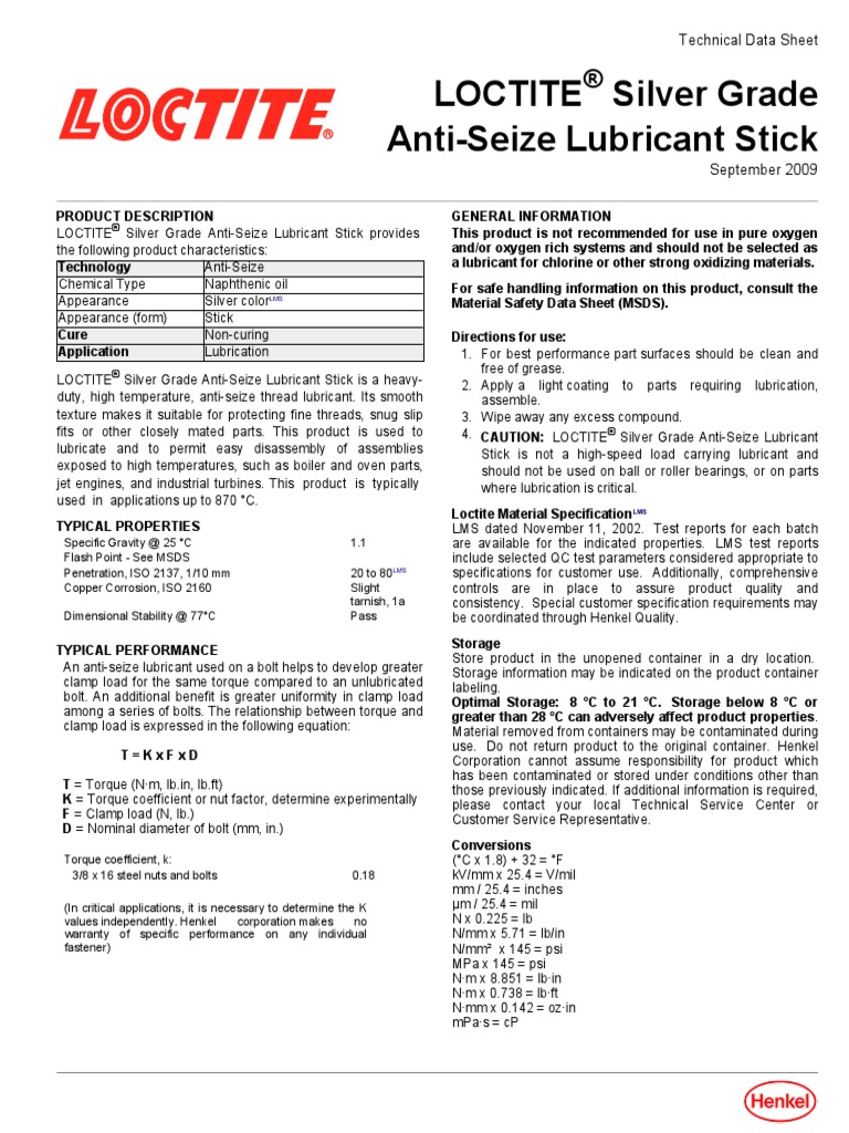 Loctite Silver Grade AntiSeize Lubricant Stick Technical Data Sheet