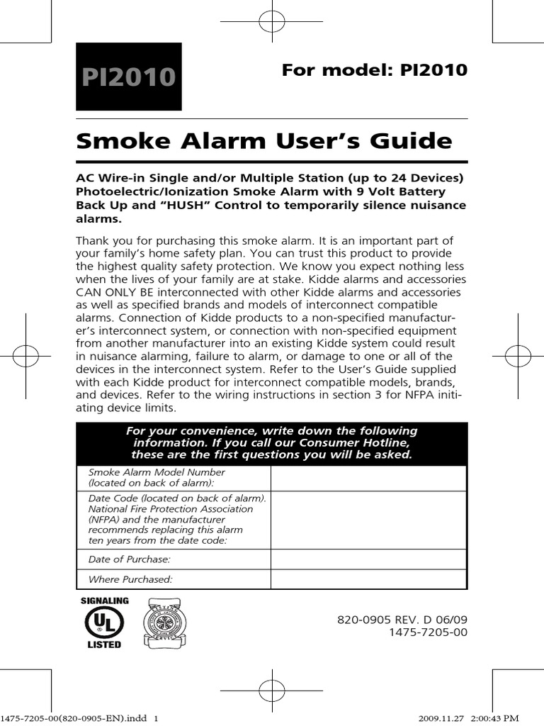 Smoke Alarm User's Guide: For Model: PI2010 | PDF | Electrical ...