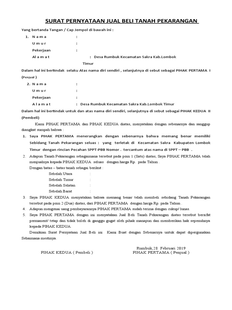 Surat Pernyataan Jual Beli Tanah Pekarangan | PDF