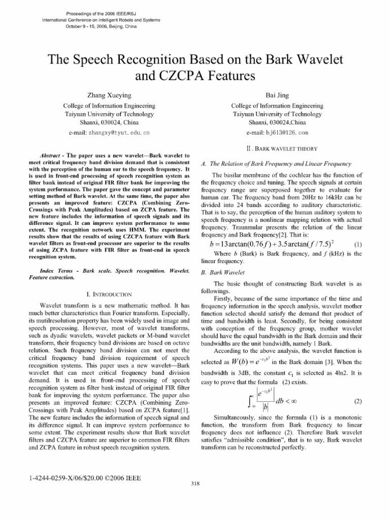 Bark Wavelet and CZCPA in Speech Recognition | PDF | Wavelet | Filter ...