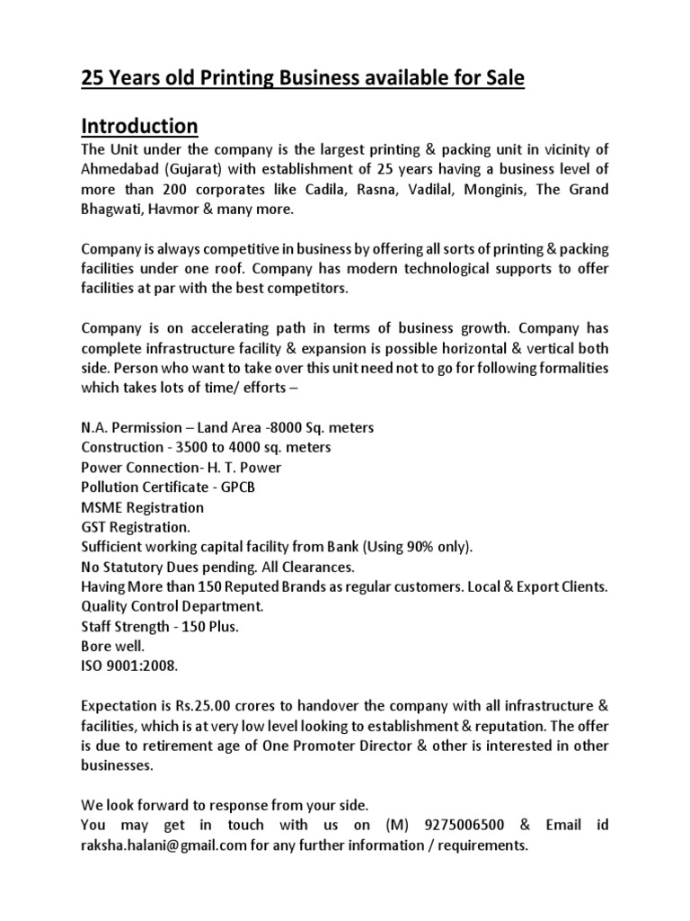 Printing Business For Sale PDF Paperboard Packaging And Labeling