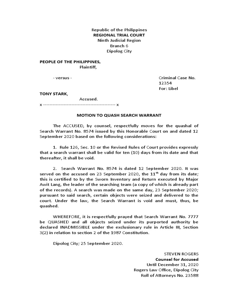 MotiontoQuashSearchWarrant PDF Search Warrant Public Sphere