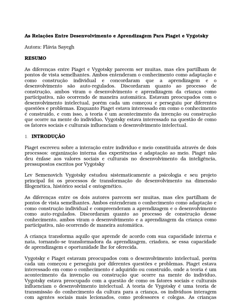 Diferenças entre Piaget e Vygotsky | PDF | Aprendizado | Conhecimento
