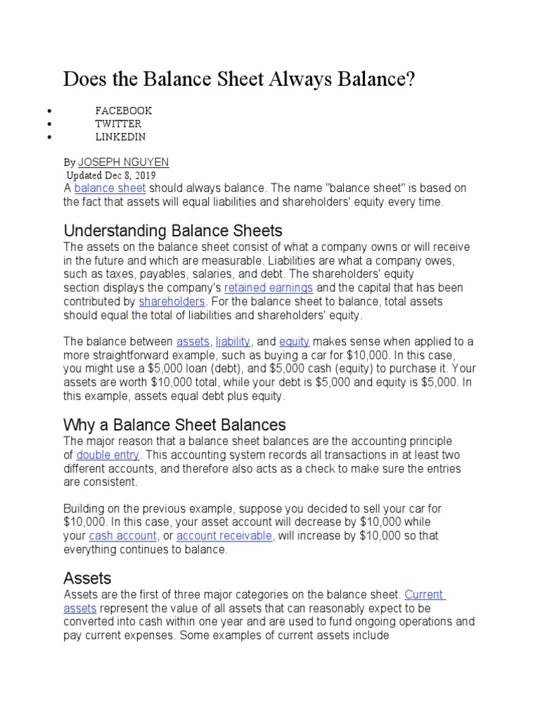 Does The Balance Sheet Always Balance PDF Balance Sheet Equity