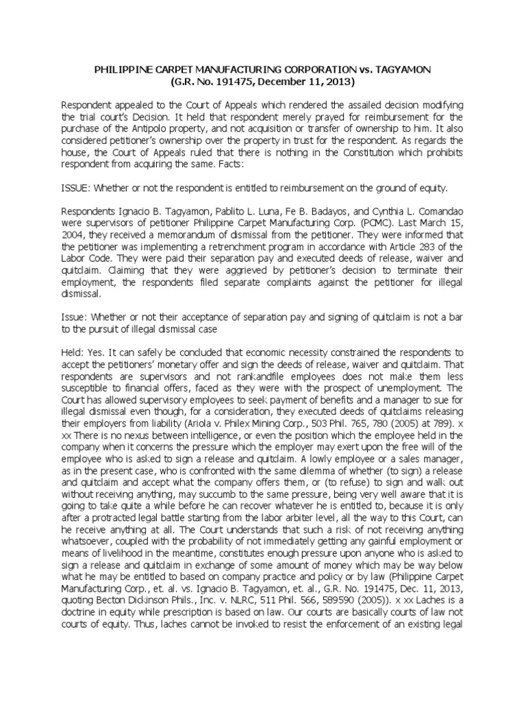 PHILIPPINE CARPET MANUFACTURING CORPORATION vs. TAGYAMON PDF Laches