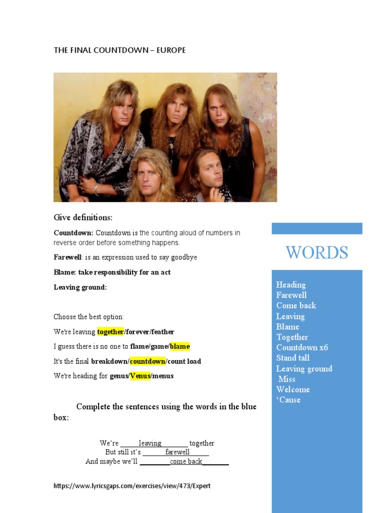 Final Countdown Lyrics Exercise | PDF | Nature