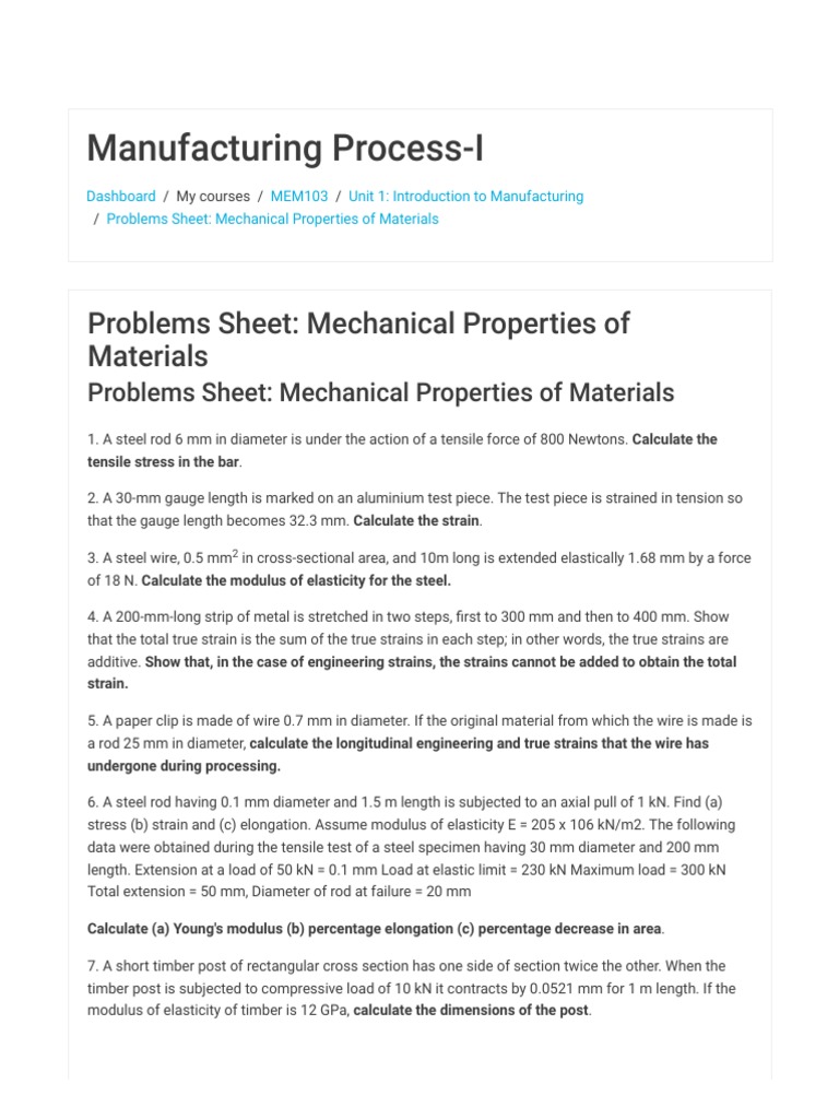 MEM103 - Problems Sheet - Mechanical Properties of Materials - Problems ...