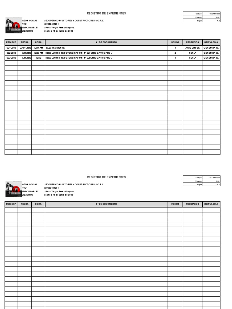 Formato - 002 - Ecoper - Registro de Expedientes | PDF