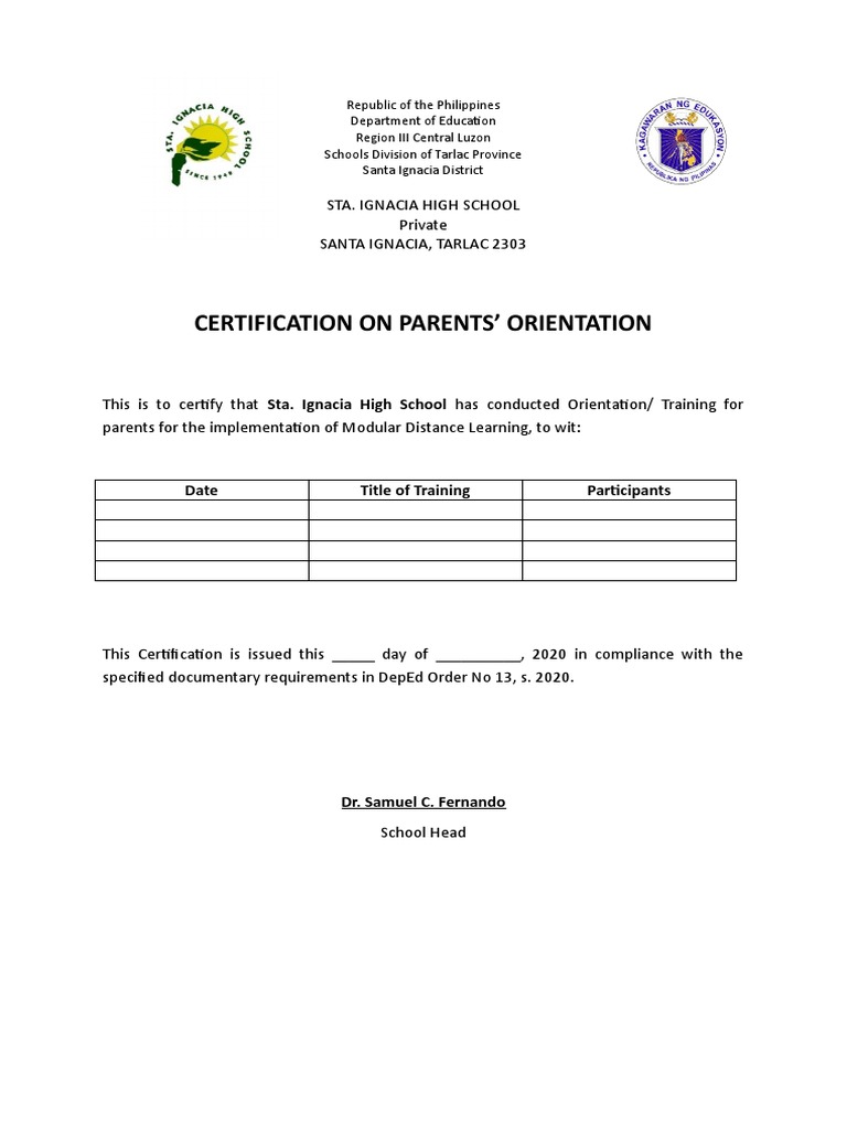 Certification On Parents' Orientation: Date Title of Training ...