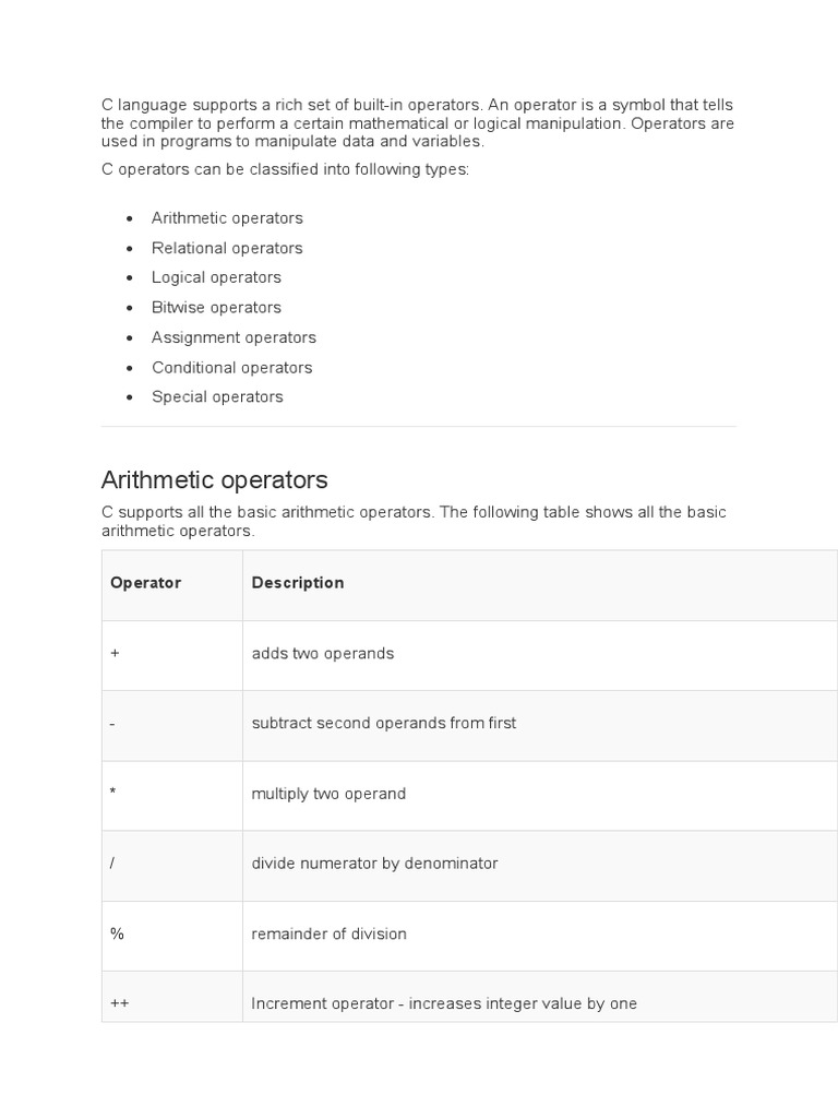 Operators in C Program | PDF | C (Programming Language) | Notation