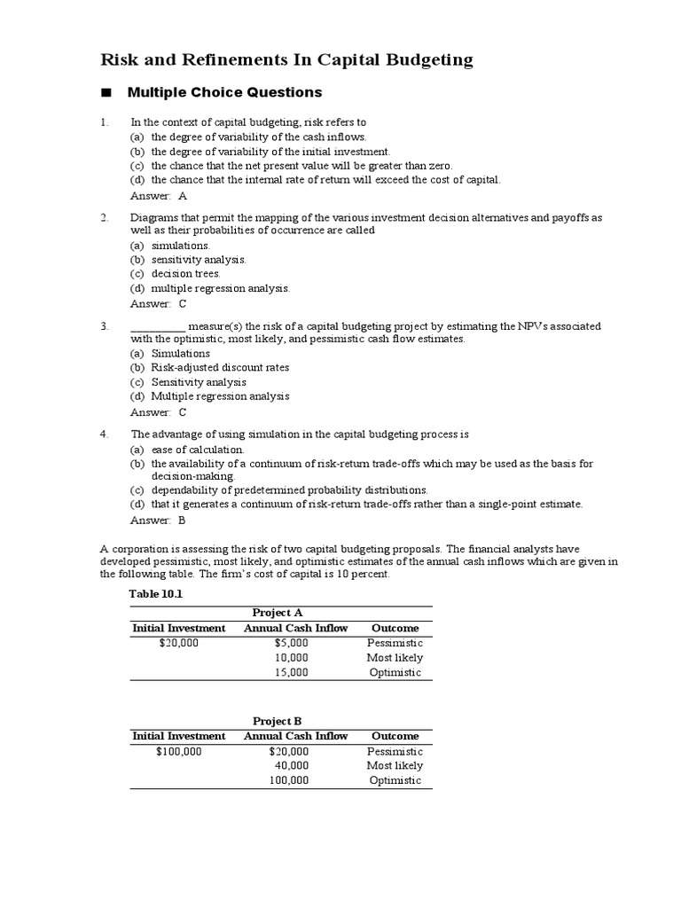 Risk And Refinements In Capital Budgeting Multiple Choice Questions
