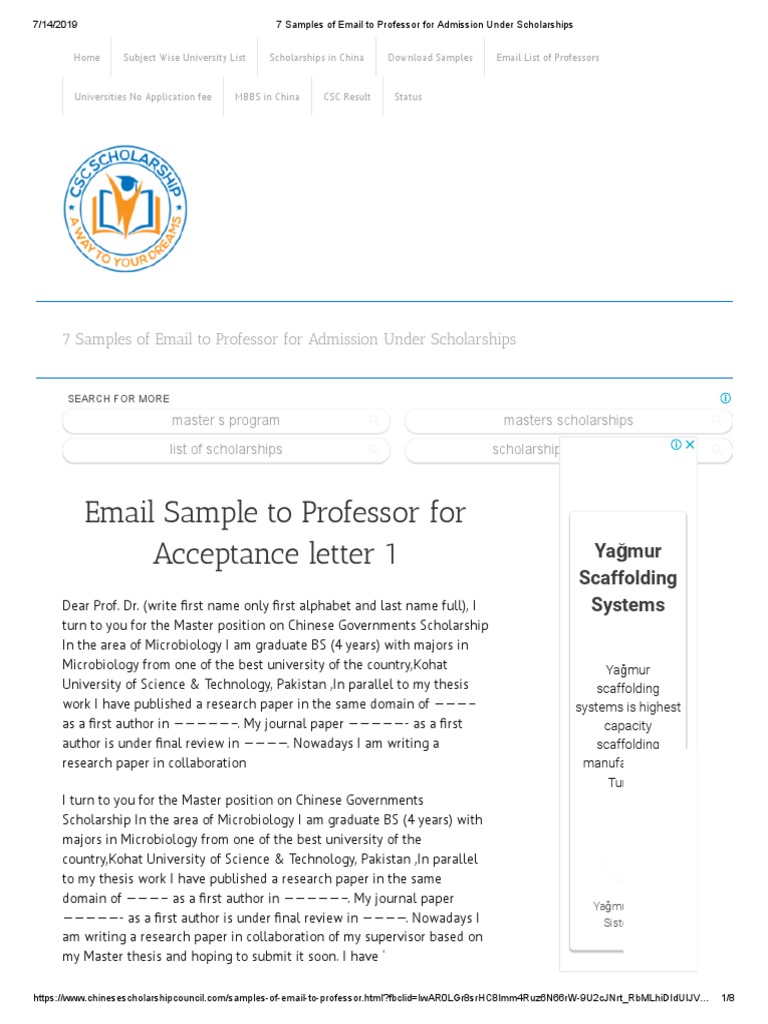 7 Samples of Email To Professor For Admission Under Scholarships | PDF ...