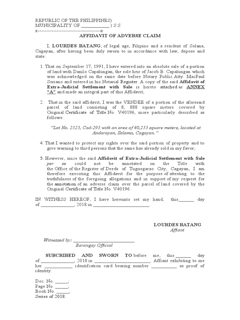 Affidavit of Adverse Claim | PDF | Law