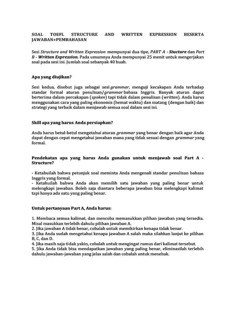 Soal Toefl Structure And Written Expression Beserta Jawaban Pdf