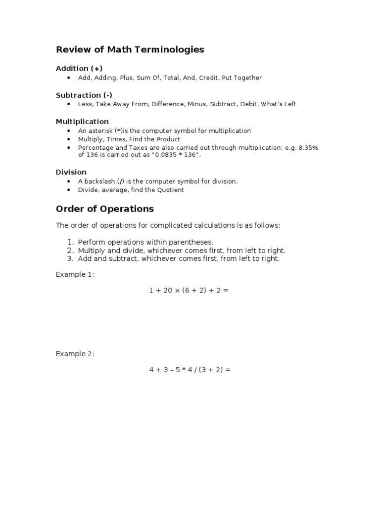 Review of Math Terminologies | PDF | Teaching Methods & Materials