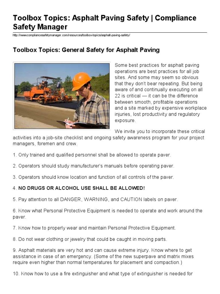 Toolbox Talk Asphalt Paving PDF Regulatory Compliance
