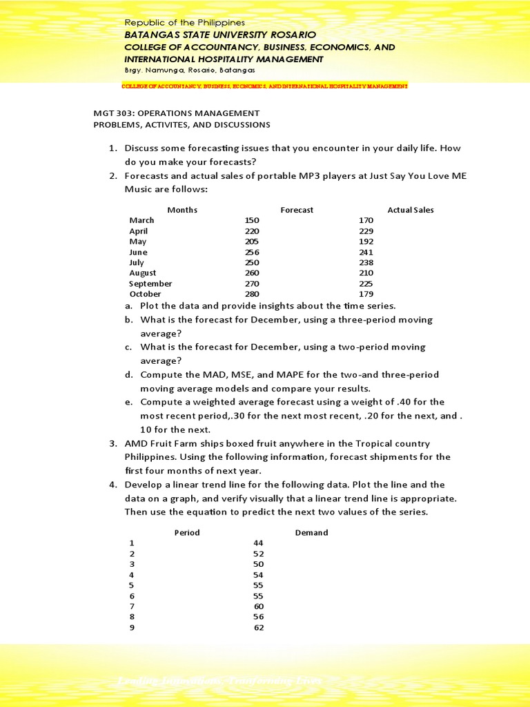 Operations Management Exercises and Forecasting | PDF | Forecasting ...
