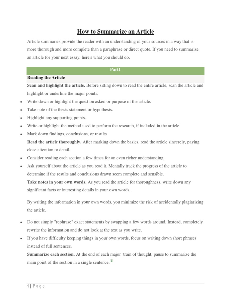 How To Summarize An Article | PDF | Essays | Experiment