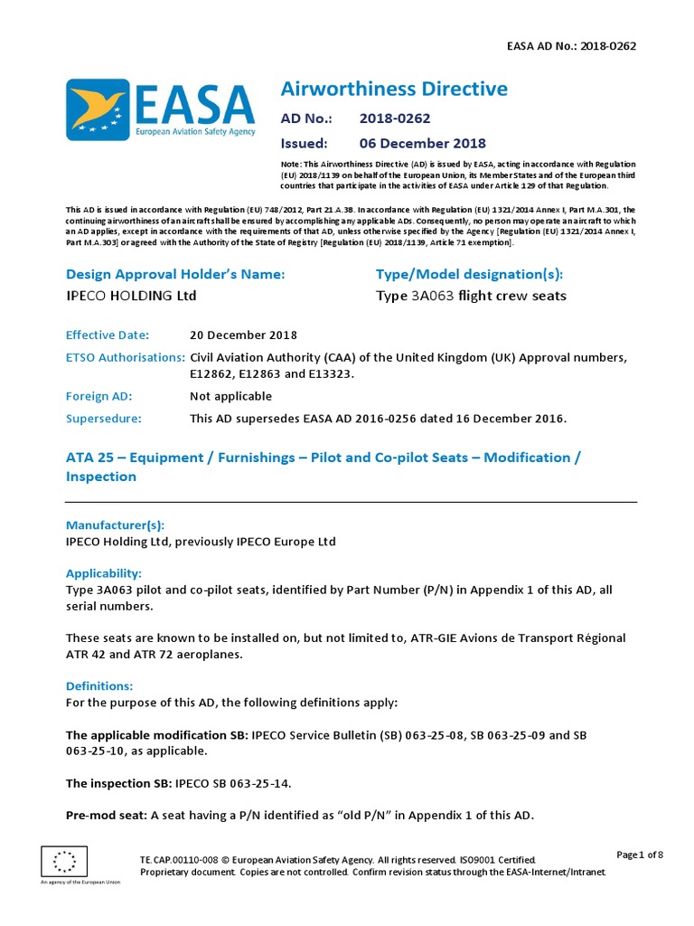 Airworthiness Directive: Design Approval Holder's Name: Type/Model ...