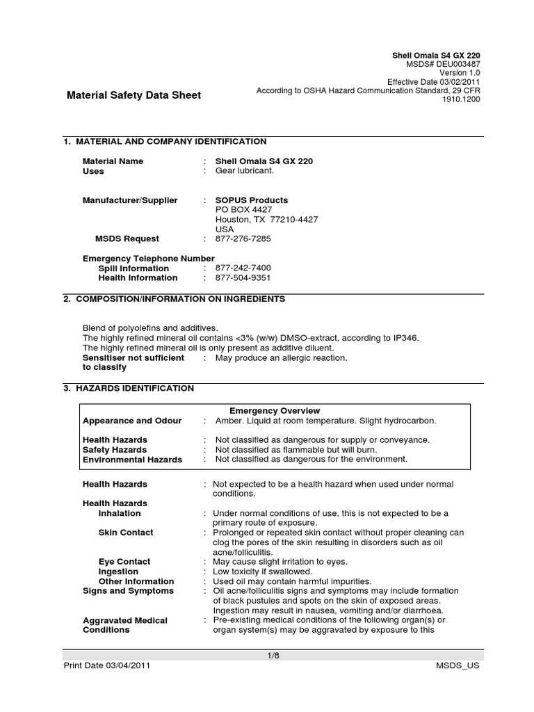 Shell Omala S4 GX 220 MSDS | PDF | Personal Protective Equipment | Toxicity