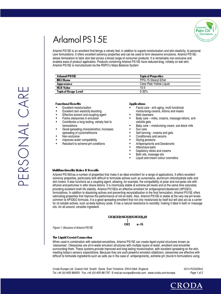 Arlamol PS15E - 0314 PCDS256v2 PDF | PDF | Emulsion | Chemical Substances
