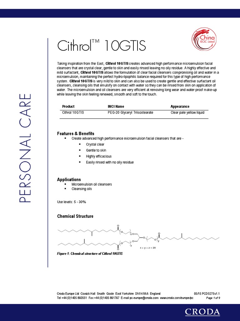 Cithrol 10gtis Features Benefits Pdf Emulsion Chemical Substances
