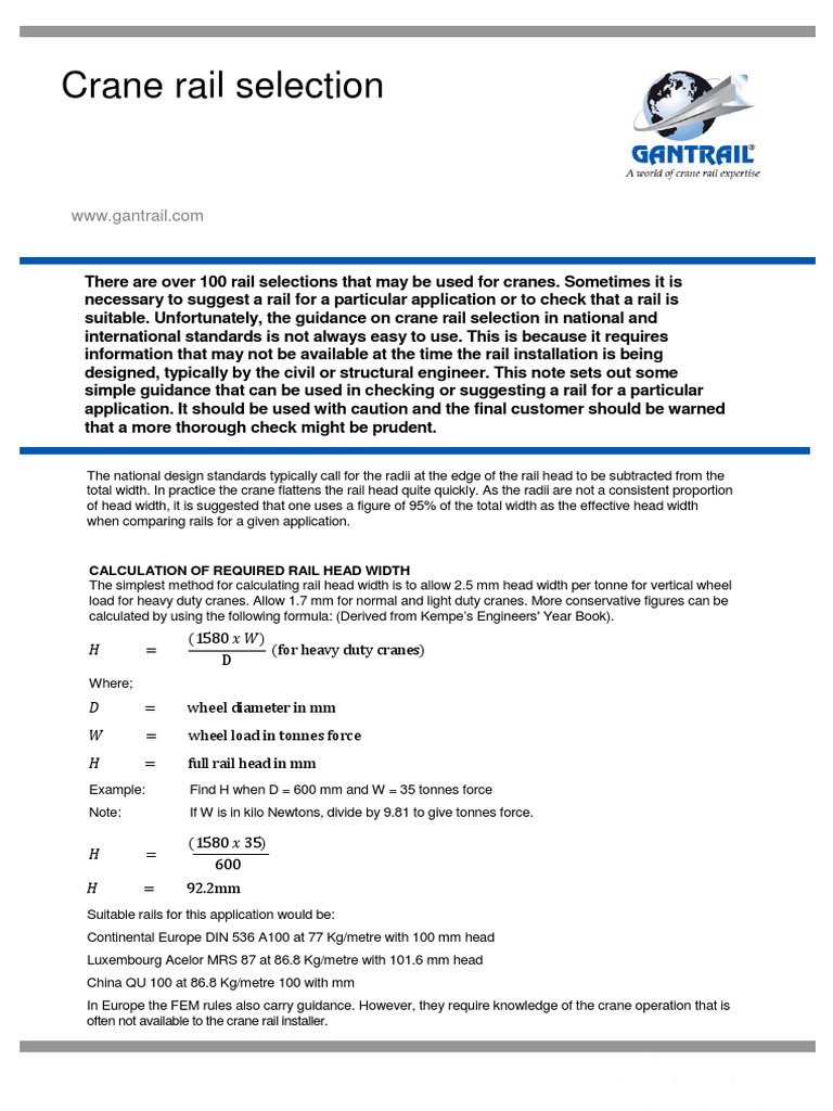 Crane Rail Selection: Calculation of Required Rail Head Width | PDF
