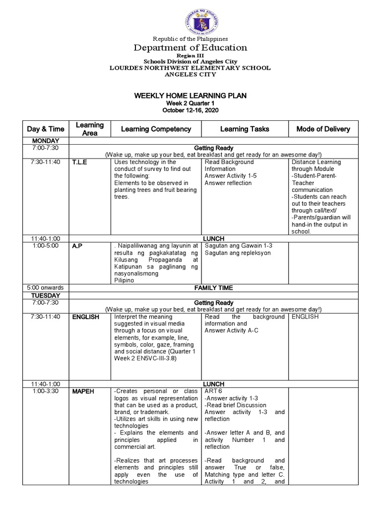 Department of Education: Weekly Home Learning Plan | PDF | Planets In ...