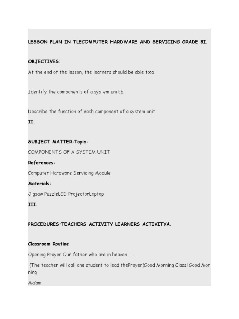 Grade 8 Computer Hardware Lesson Plan | PDF