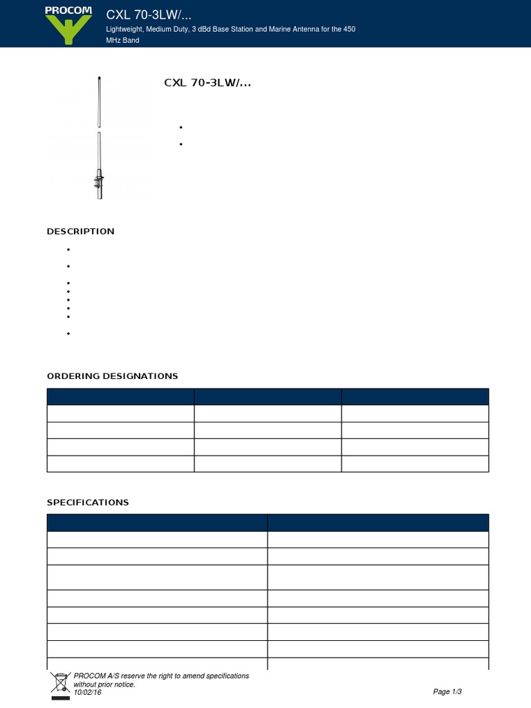 Procom CXL 70-3LW Antenna Overview | PDF | Antenna (Radio ...