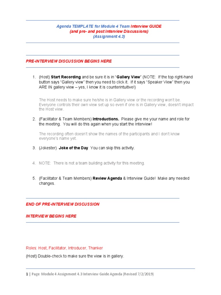 Module 4 Team Interview Agenda Template | PDF | Facilitator | Leadership