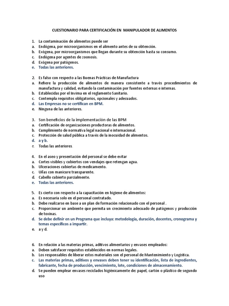 Examen Certificación #3 | PDF | Seguridad alimenticia | Alimentos