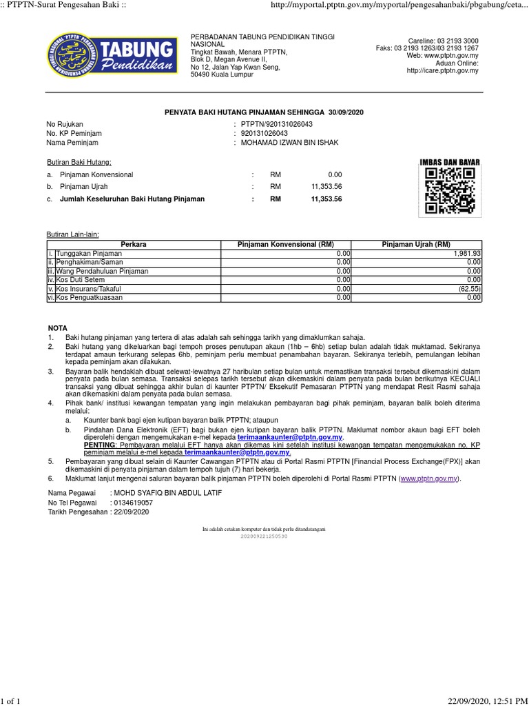Ptptn Surat Pengesahan Baki 920131026043 Pdf
