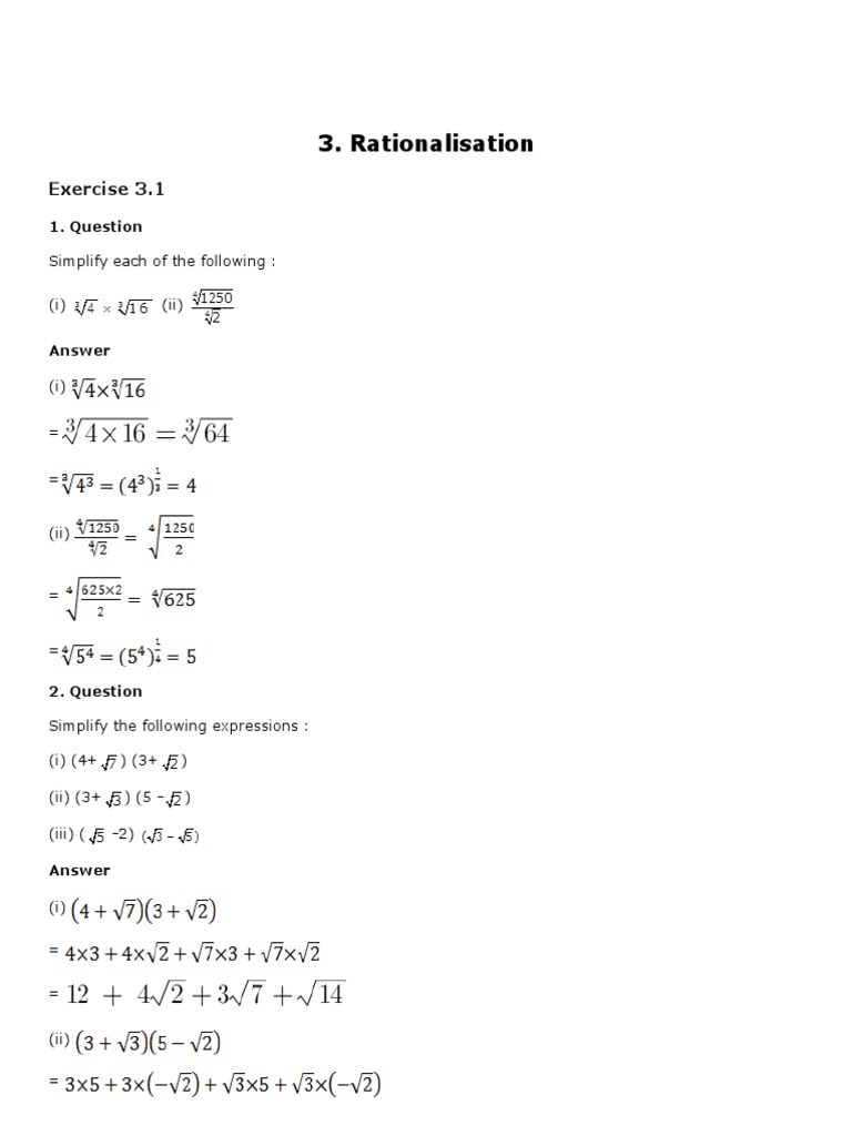 Chapter 3 Rationalisation Pdf Pdf Fraction Mathematics Rational Number