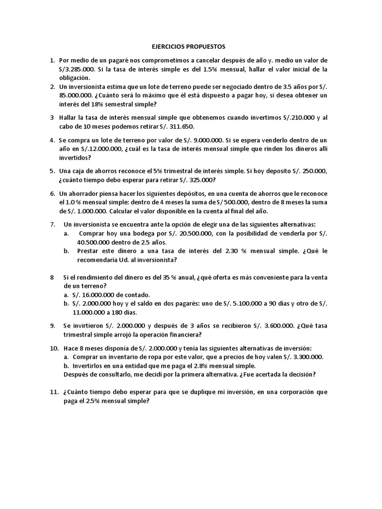 Ejercicios de Interés Simple y Finanzas | PDF | Dinero | Servicios ...