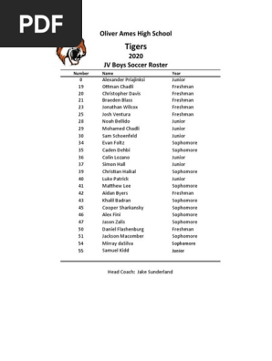 OA Boys JV Soccer Roster 2020
